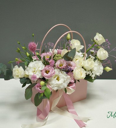 Pink Bag with Roses, Lisianthus, and Chrysanthemum photo 394x433