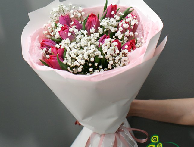 Bouquet with peony pink tulips and gypsophila photo