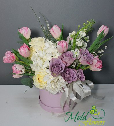 Cutie cu hortensie alba si lalele roz de tip bujor foto 394x433