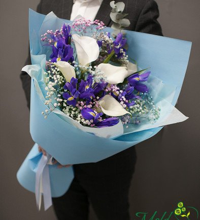Bouquet with white callas and irises photo 394x433