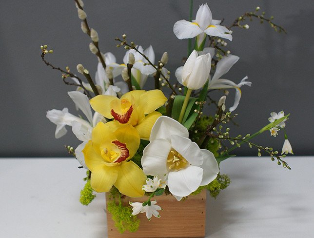 Ящичек с орхидеями и белыми ирисами Фото