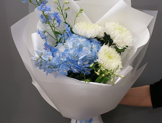 Bouquet with blue hydrangea and delphinium ,,Blue breeze,, photo