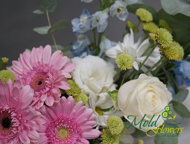 Boat with Gerbera and Delphinium ''Happiness'' photo