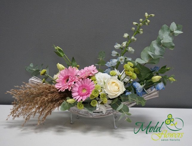 Boat with Gerbera and Delphinium ''Happiness'' photo