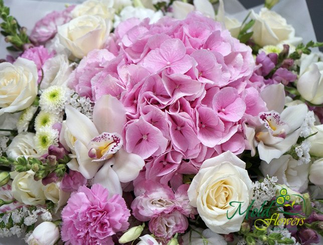 Bouquet with pink hydrangea, white roses, and orchid photo