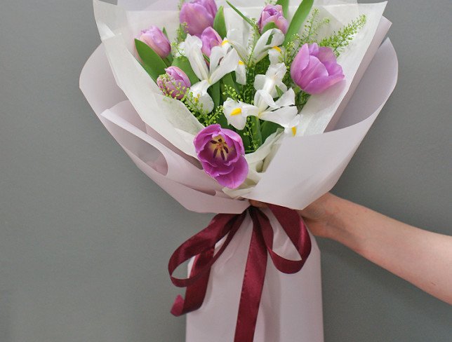 Bouquet with white irises and lavender Moldavian tulips photo