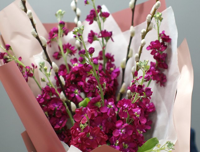 Bouquet with matthiola and willow "Colors of Spring" photo