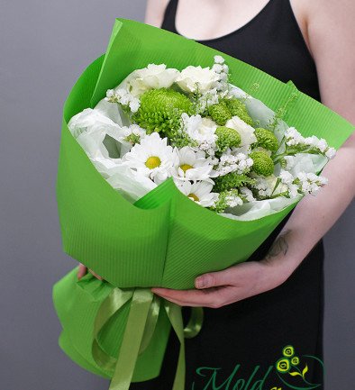 Buchet din crizanteme albe și verzi foto 394x433
