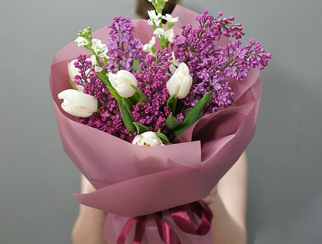 Bouquet of lilacs and white tulips photo