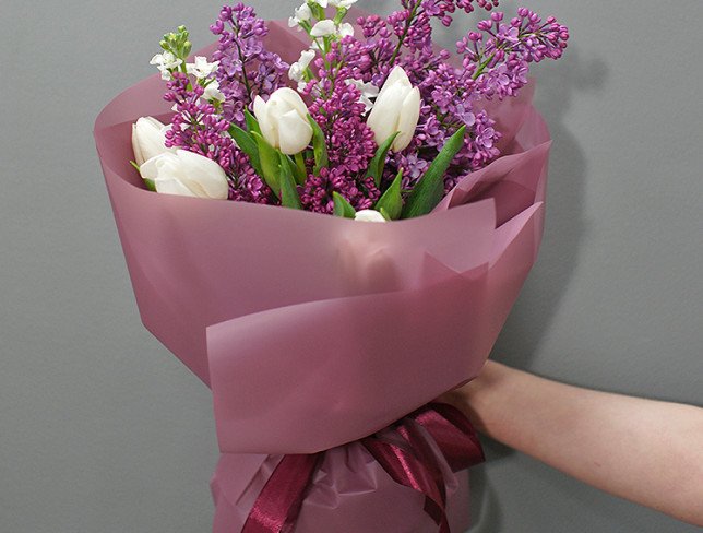 Bouquet of lilacs and white tulips photo