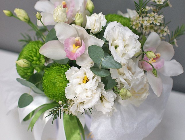 Box with green chrysanthemum, white orchid and eustoma photo
