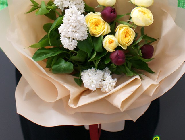 Bouquet with white lilac, yellow rose and burgundy peonies ''Spring compliment'' photo