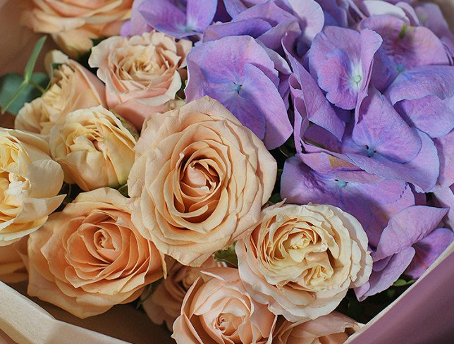 Букет с фиолетовой гортензией и кремовыми розами Фото