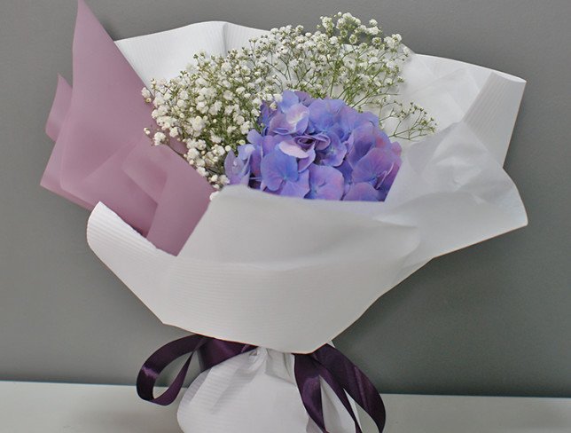 Bouquet with purple hydrangea and white gypsophila №2 photo