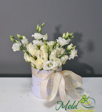 Белая коробка с белыми розами и эустомой Фото 394x433