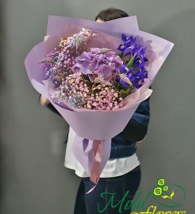 Букет с фиолетовой гортензией ,,Конфетти,, Фото 394x433