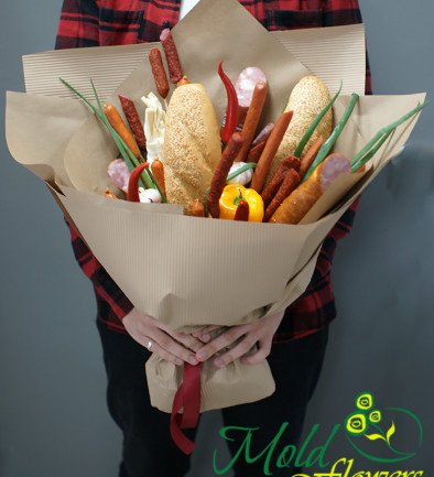 Men's bouquet with sausage, cheese, and vegetables (made to order, 1 day) photo 394x433