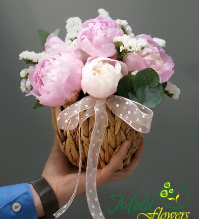 Handwoven Basket with Pink Peonies photo 394x433