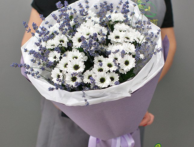 Bouquet of white chrysanthemums and lavender photo