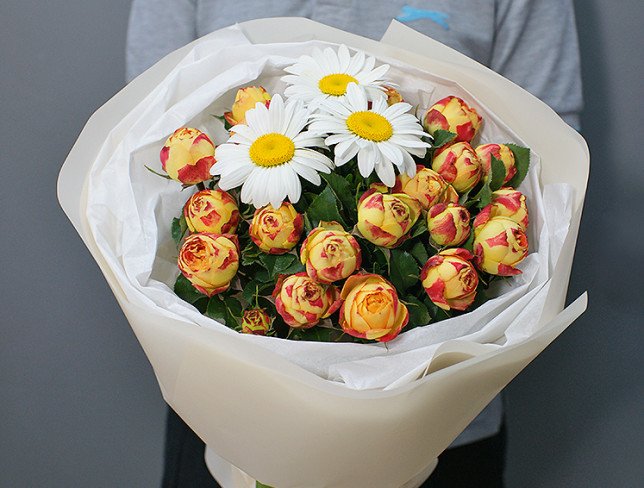 Bouquet of peony roses and daisies photo