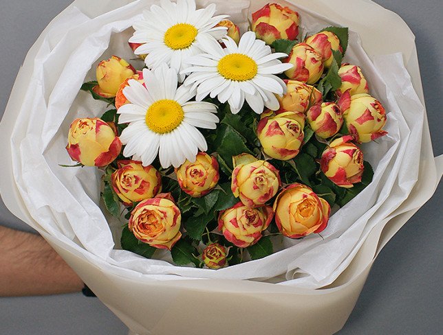 Bouquet of peony roses and daisies photo