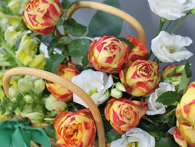 Basket with peony roses "Sunny mood" photo