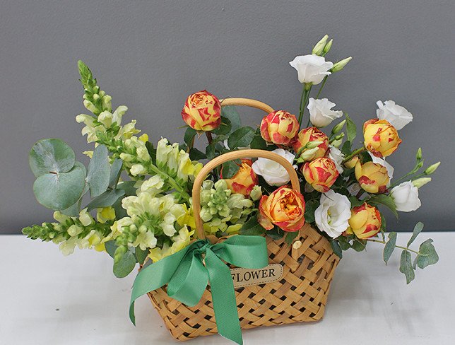 Basket with peony roses "Sunny mood" photo