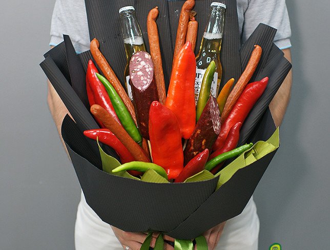 Men's bouquet of beer, sausage and vegetables photo