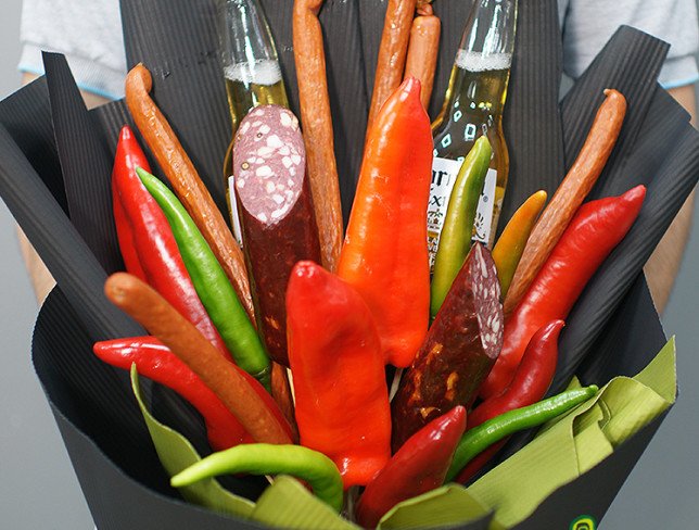 Men's bouquet of beer, sausage and vegetables photo