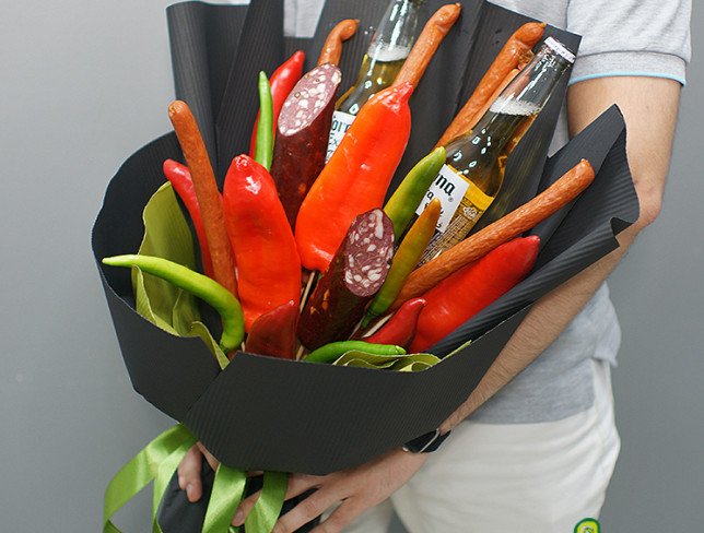 Men's bouquet of beer, sausage and vegetables photo