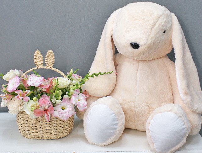 Set of "Delicate basket with roses and eustoma and Rabbit medium h=80 cm" photo