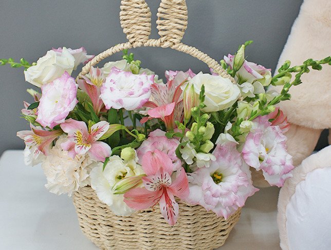 Set of "Delicate basket with roses and eustoma and Rabbit medium h=80 cm" photo