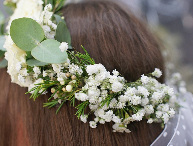 Wreath of white spray roses and gypsophila photo