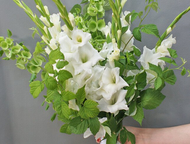 Bouquet of white gladioli and raspberry photo