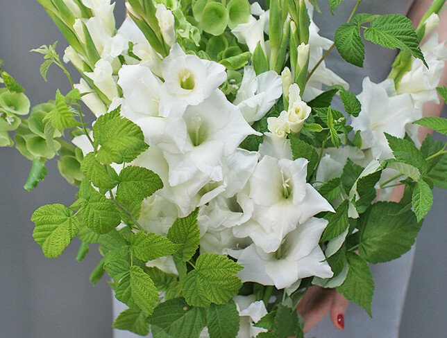 Bouquet of white gladioli and raspberry photo