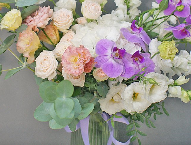 Vase + Bouquet with white hydrangea and eustoma photo