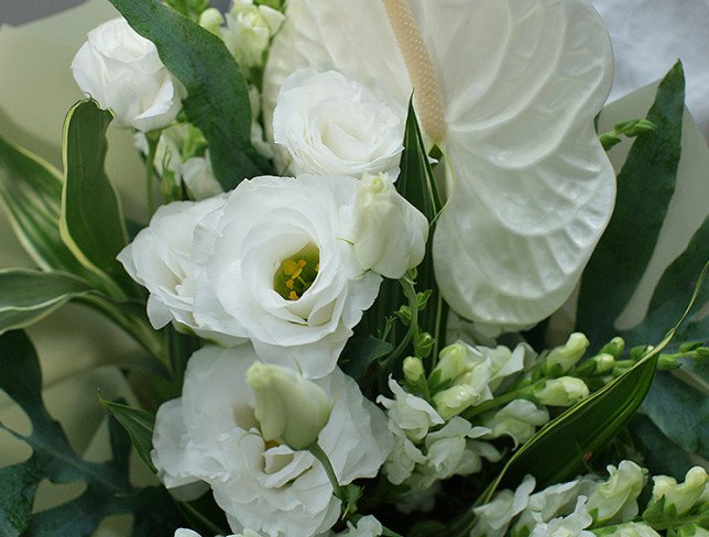 Bouquet of white eustoma and anthurium photo