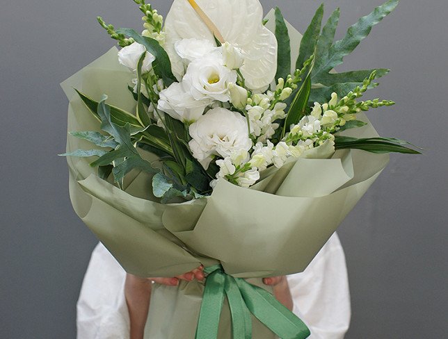 Bouquet of white eustoma and anthurium photo