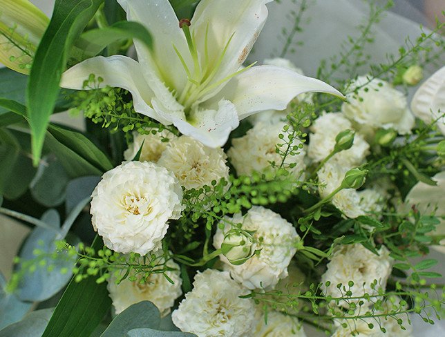 Bouquet of white bush roses and anthurium "Morning Dew" photo