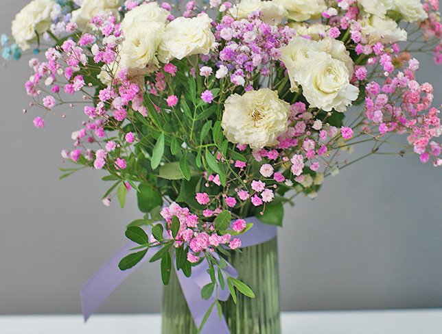 Vase + Bouquet of spray roses and gypsophila photo