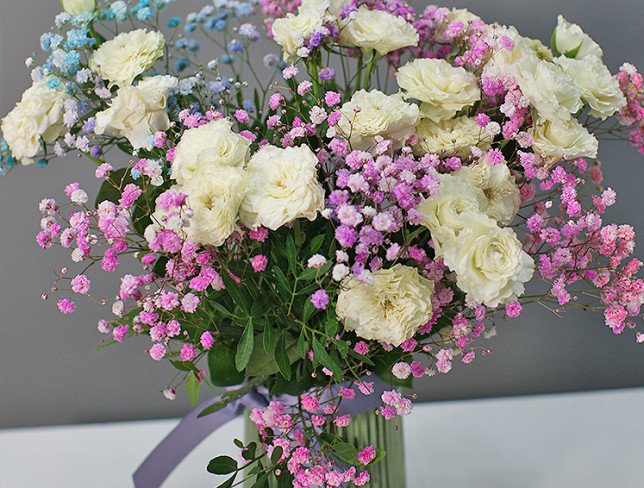 Vase + Bouquet of spray roses and gypsophila photo