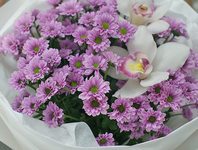 Bouquet of pink chrysanthemums and orchids photo