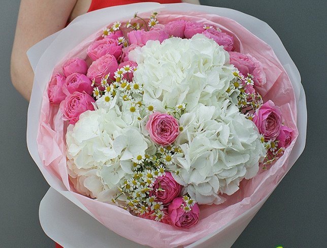 Bouquet of white hydrangeas and Silvia Pink roses photo