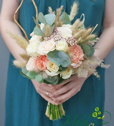 Bridal bouquet of white roses, carnations, ozotamnus and eucalyptus photo 394x433