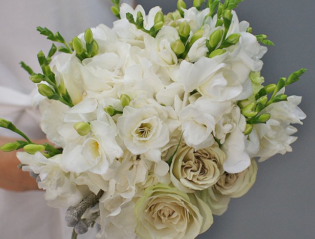 Bridal bouquet of green roses, hydrangea, freesia and carnations photo