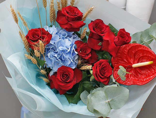 Bouquet of red roses, anthurium and blue hydrangea "Fire and Ice" photo