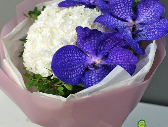 Bouquet of white hydrangea and vanda orchids photo