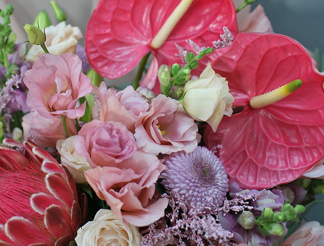 Bouquet of pink eustoma, anthurium and protea "Charm of Exotic" photo