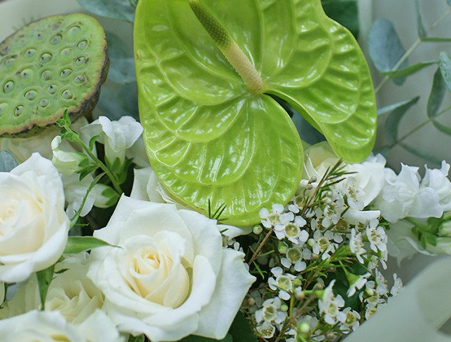 Bouquet of white roses, lotus and anthurium "Tenderness of nature" photo