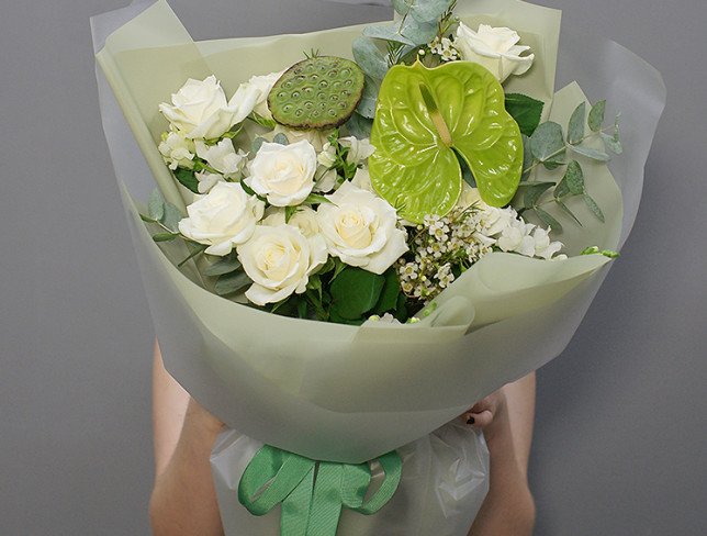 Bouquet of white roses, lotus and anthurium "Tenderness of nature" photo